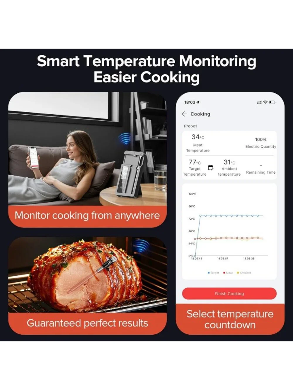 Smart Wireless Meat Thermometer with 2 Probes, WiFi Base & Magnetic Mount